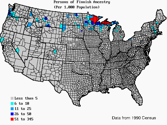 U.S. map of persons of Finnish ancestry per 1,000 total population. U.S. map of persons of Finnish ancestry per 1,000 total population.