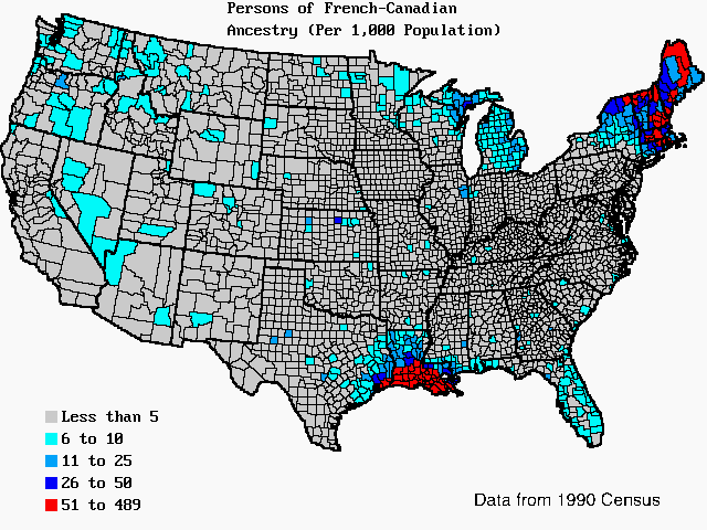 U.S. map of persons of French-Canadian ancestry per 1,000 total population. U.S. map of persons of French-Canadian ancestry per 1,000 total population.