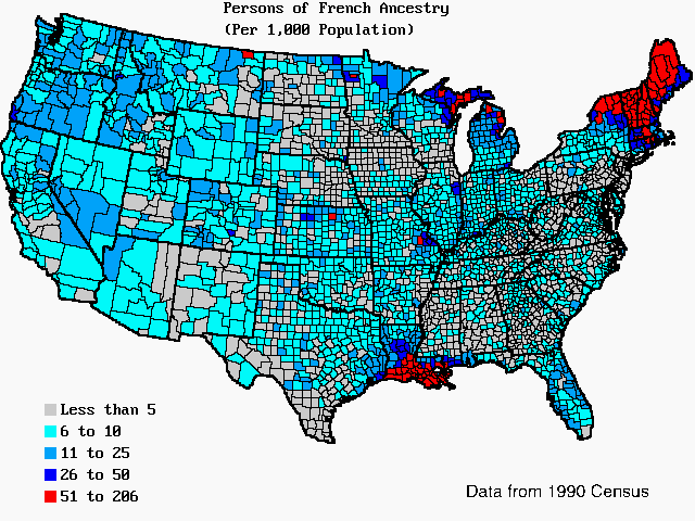 U.S. map of persons of French ancestry per 1,000 total population. U.S. map of persons of French ancestry per 1,000 total population.