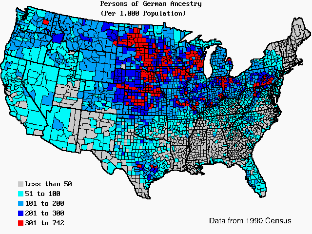 U.S. map of persons of German ancestry per 1,000 total population. U.S. map of persons of German ancestry per 1,000 total population.
