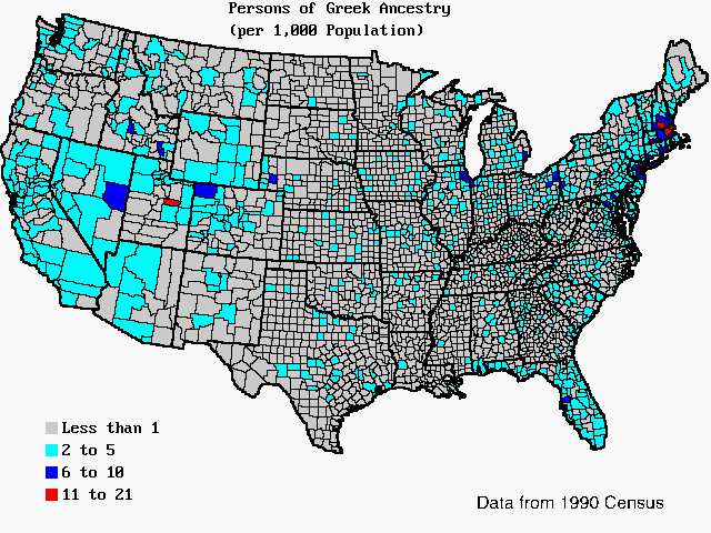 U.S. map of persons of Greek ancestry per 1,000 total population. U.S. map of persons of Greek ancestry per 1,000 total population.