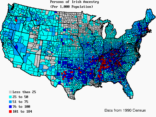 U.S. map of persons of Irish ancestry per 1,000 total population. U.S. map of persons of Irish ancestry per 1,000 total population.