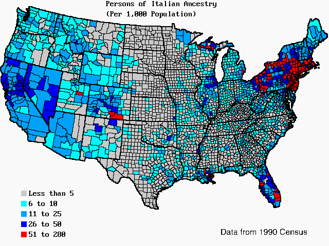 U.S. map of persons of Italian ancestry per 1,000 total population. U.S. map of persons of Italian ancestry per 1,000 total population.