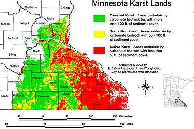 Map of Southeast Minnesota Karst showing areas of green, yellow and red