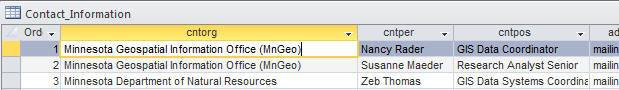 Screenshot of Access database shows the "Contact_Information" table opened with the table headers reading "Ord", "cntorg", "cntper", "cntpos"