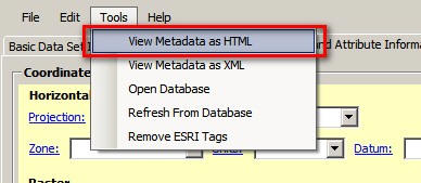 Screenshot of MME shows the "Tools" tab selected and the "View Metadata as HTML" option is outlined in a red box