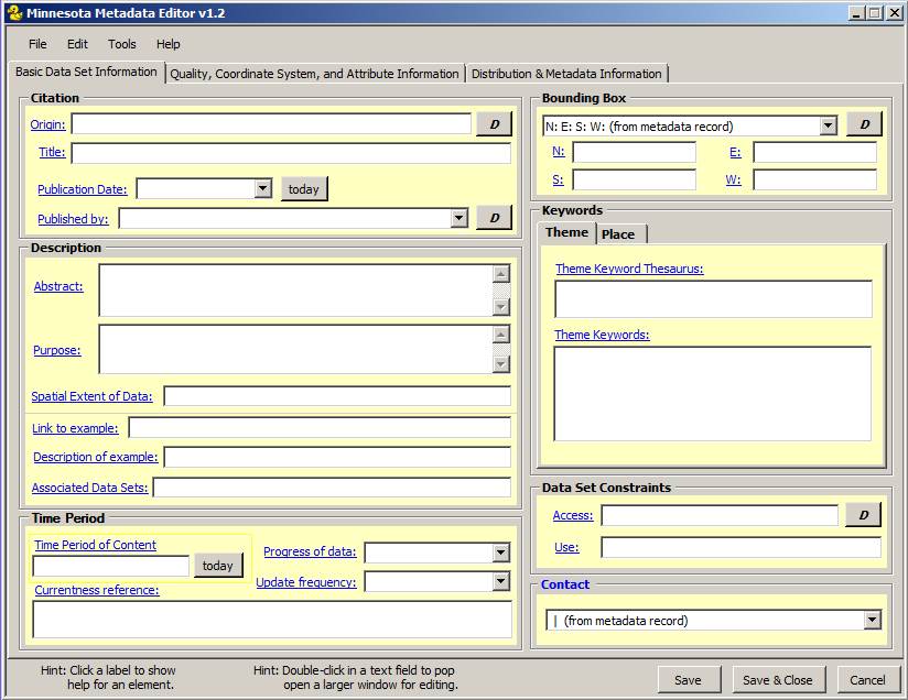 Screenshot of the Minnesota Metadata Editor shows blank fields