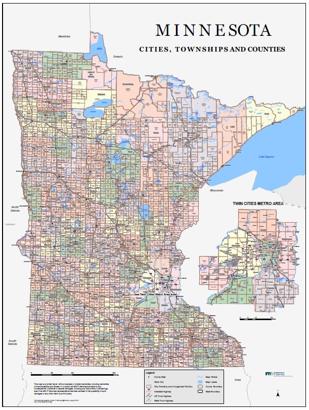 Map of Minnesota Cities, Townships and Counties