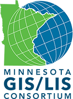 Logo says "Minnesota GIS/LIS Consortium" with a green Minnesota icon overlayed by a blue globe