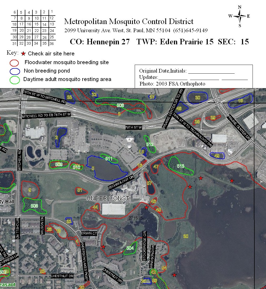 Map shows different ponds for mosquito tracking