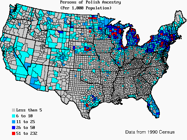 U.S. map of persons of Polish ancestry per 1,000 total population. U.S. map of persons of Polish ancestry per 1,000 total population.