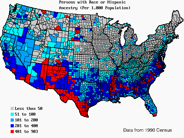 U.S. map of persons listing racial or hispanic origin as ancestry per 1,000 total population. U.S. map of persons listing racial or hispanic origin as ancestry per 1,000 total population.