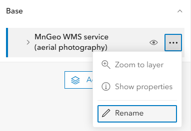 ArcGIS Online screenshot shows "MnGeo WMS service" with a window showing "Rename" highlighted