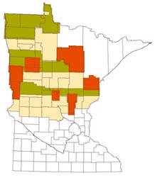 Map of Minnesota shows imagery aquired in green, red, and tan. 