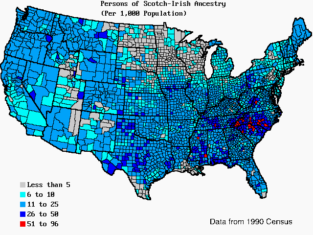 U.S. map of persons of Scotch-Irish ancestry per 1,000 total population. U.S. map of persons of Scotch-Irish ancestry per 1,000 total population.