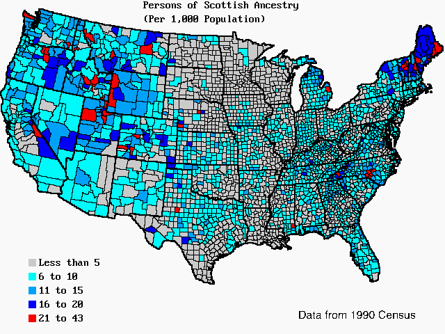 U.S. map of persons of Scottish ancestry per 1,000 total population. U.S. map of persons of Scottish ancestry per 1,000 total population.