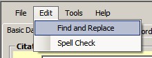 Screenshot of MME shows the "Edit" tab selected with the "Find and Replace" option highlighted