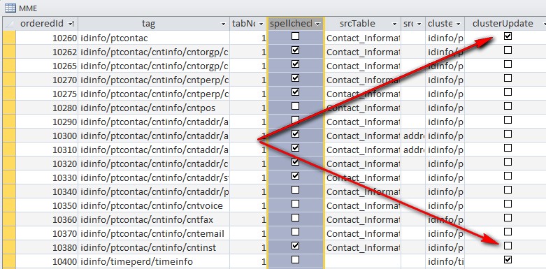 Screenshot of MME shows the "MME" table with headers "orderedID, tag, tabN, spellcheck, srcTable, src, cluster, and clusterUpdate". The "clusterUpdate" column has 2 checkmarks and the rest are blank. Two red arrows point to the checked boxes. Screenshot of MME shows the "MME" table with headers "orderedID, tag, tabN, spellcheck, srcTable, src, cluster, and clusterUpdate". The "clusterUpdate" column has 2 checkmarks and the rest are blank. Two red arrows point to the checked boxes.