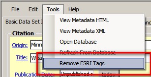 Screenshot of MME shows the "Tools" tab selected with the "Remove ESRI tags" option outlined in a red box