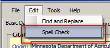 Screenshot of MME shows "Edit" tab selected with "Spell Check" option outlined in a red box
