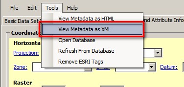 Screenshot of MME shows the "Tools" tab selected with the "View Metadata as XML" option outlined in a red box