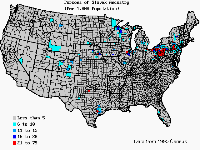 U.S. map of persons of Slovak ancestry per 1,000 total population. U.S. map of persons of Slovak ancestry per 1,000 total population.