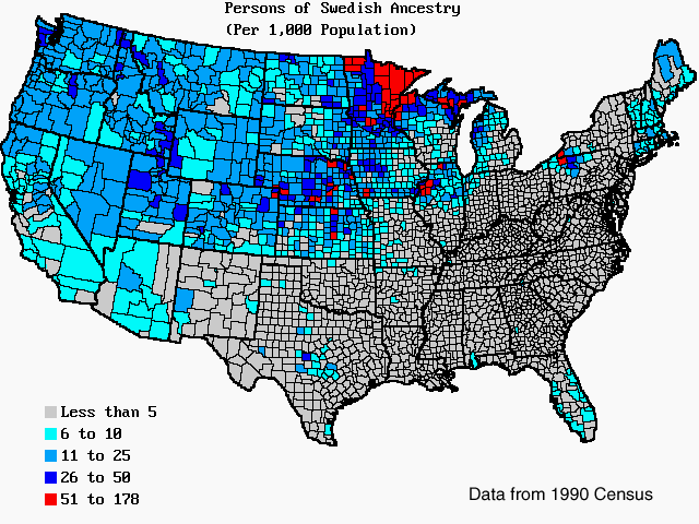 U.S. map of persons of Swedish ancestry per 1,000 total population. U.S. map of persons of Swedish ancestry per 1,000 total population.