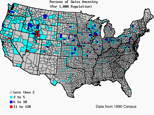 U.S. map of persons of Swiss ancestry per 1,000 total population. U.S. map of persons of Swiss ancestry per 1,000 total population.
