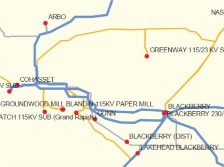 Transmission line map of Minnesota shows blue and yellow lines connecting points of interest