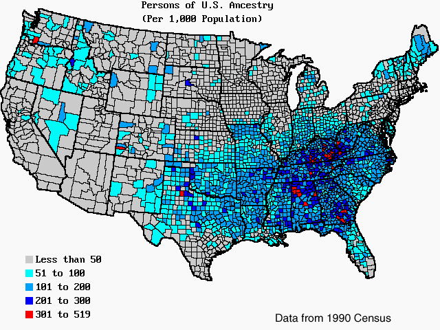 U.S. map of persons of United States ancestry per 1,000 total population. U.S. map of persons of United States ancestry per 1,000 total population.