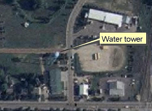 Aerial photo of water tower in a small town