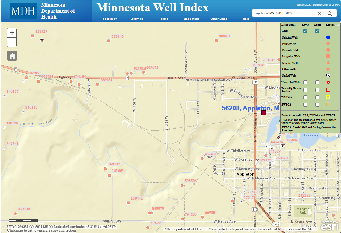 Minnesota Well Index window shows wells in Appleton Minnesota