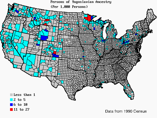 U.S. map of persons of Yugoslavian ancestry per 1,000 total population. U.S. map of persons of Yugoslavian ancestry per 1,000 total population.