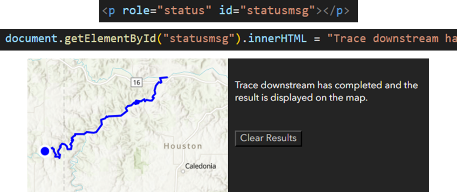 Code snippets showing the JavaScript and HTML to create and populate a status message that a trace downstream tool has completed and the result is displayed on the map. There is also a screenshot of a web map app showing the status message.