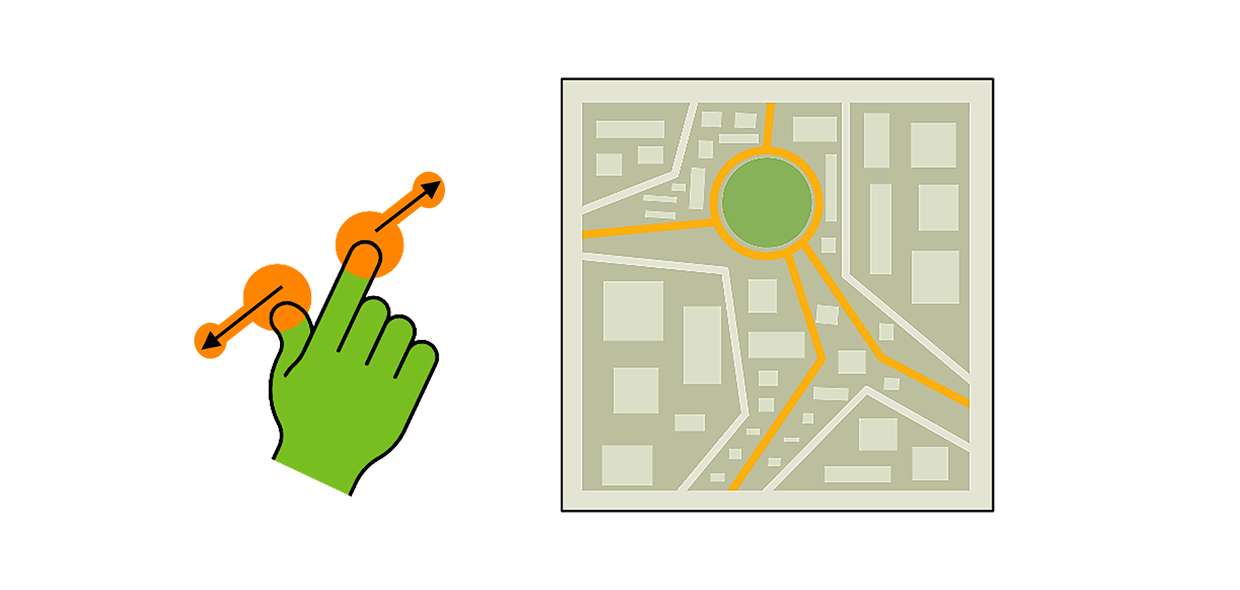 An illustration of a non accessible path-based gesture, pinch to zoom, for use with a city map.