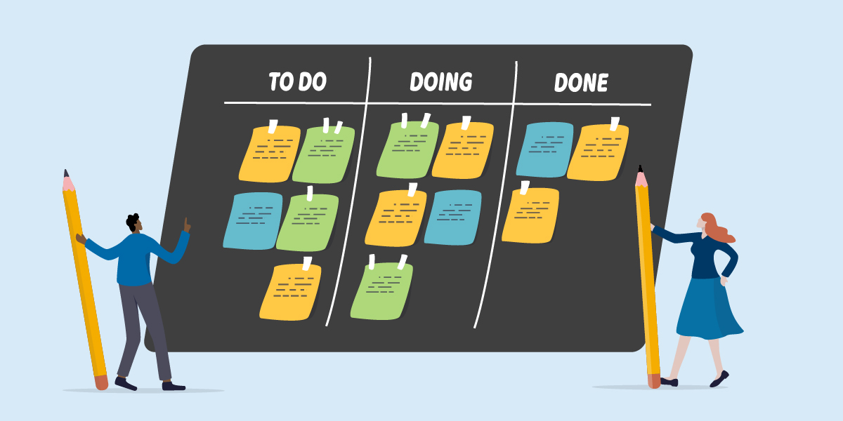 Illustration of two people using giant pencils to organize sticky notes on a project board labeled “To Do,” “Doing,” and “Done,” representing strategic planning to resolve issues found during an agency’s accessibility self-audit.
