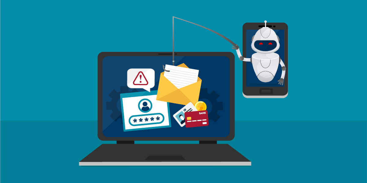 Illustration of an AI bot phishing mail and applications on a laptop. The exclamation point indicates the danger of AI scams from cybercriminals.