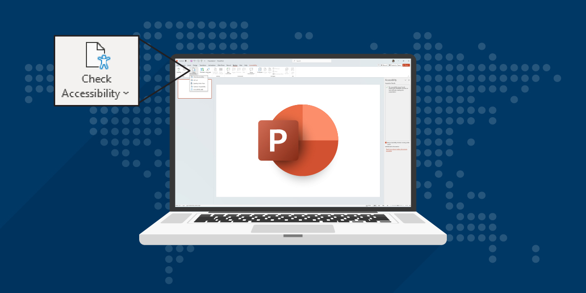 Laptop screen showing PowerPoint with the Accessibility Checker open, highlighting tools to improve accessibility in presentations.