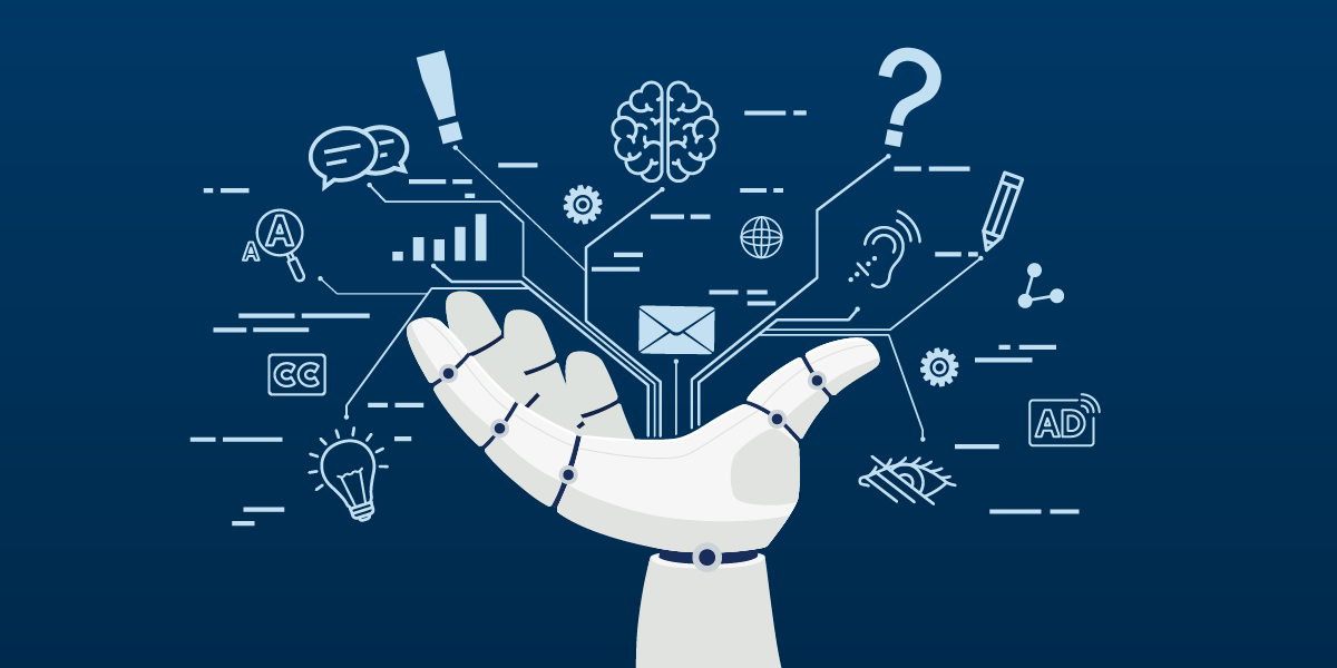 A robotic hand with palm facing upward creating a futuristic, tech-oriented theme. Surrounding the robotic hand are interconnected icons and symbols, including a brain, lightbulb, a globe, and gears, symbolizing AI, innovation, data and technology.