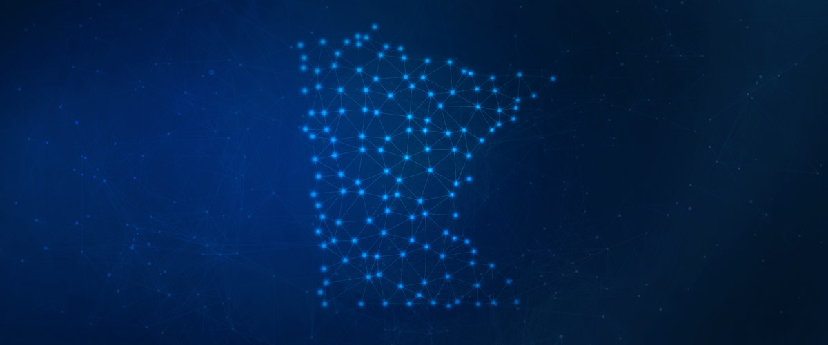 Shape of Minnesota made up of connected dots representing broadband connections.