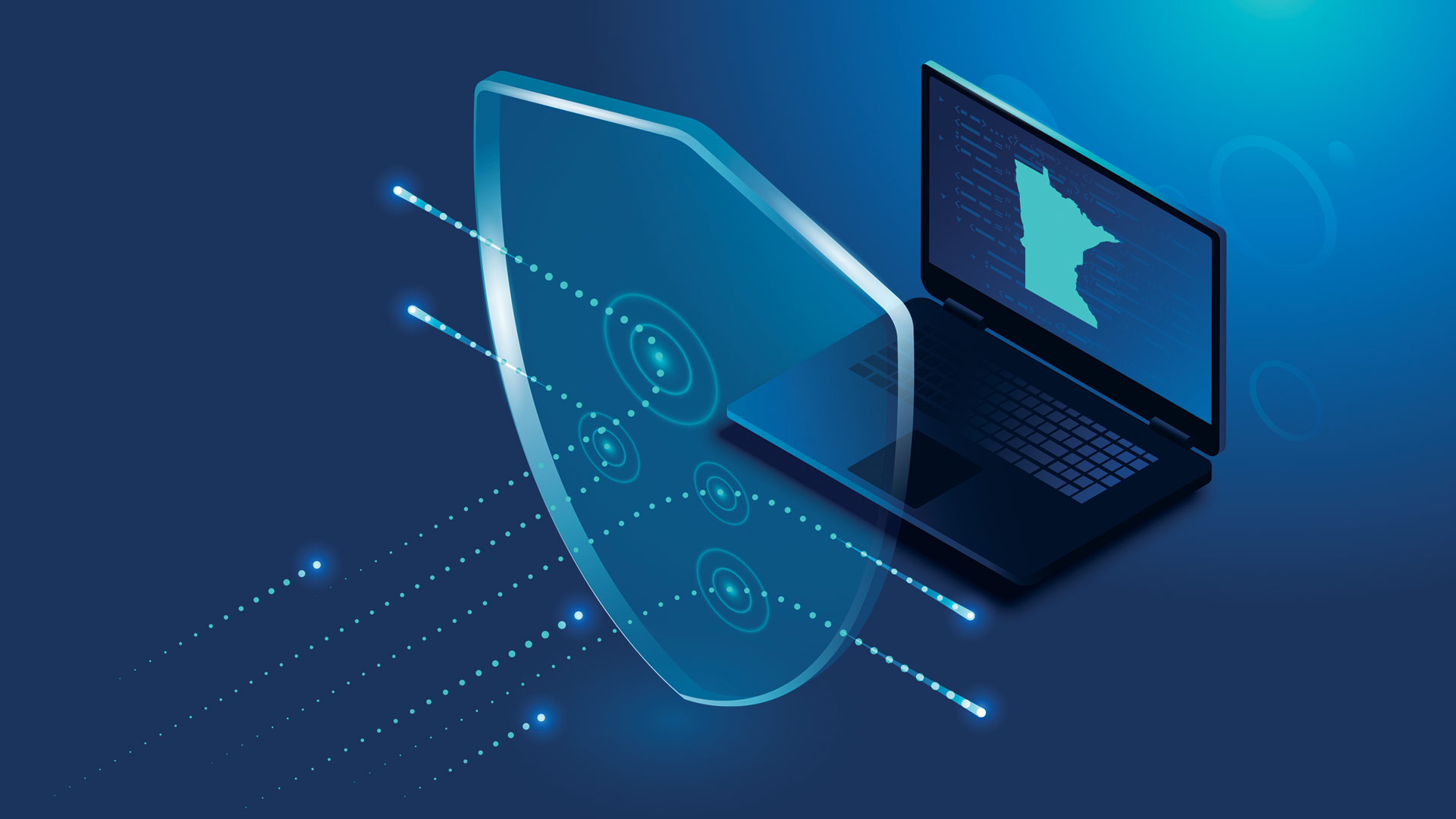 Image of a laptop computer being protected by a shield, indicating cyber defenses.