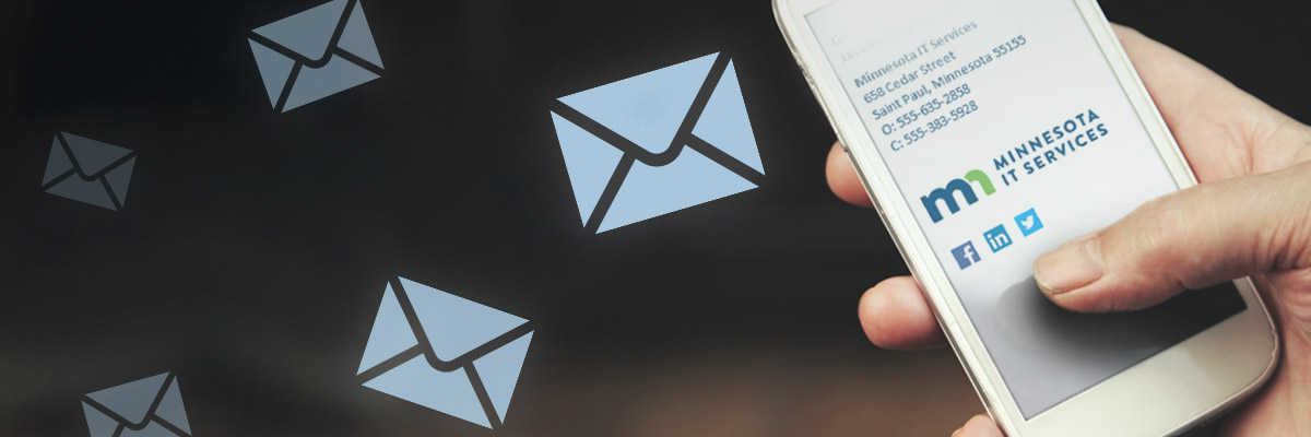 Close up of a cell phone screen showing a Minnesota IT Services email signature.