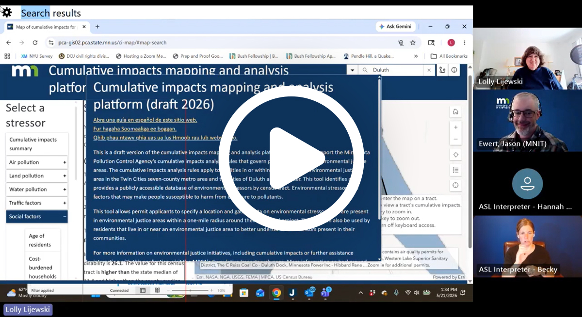 Screenshot of the GAAD 2026 event showing the presenters and a web map demonstration on the screen with a large play button overlay, indicating that this is a recording of the session that you can view