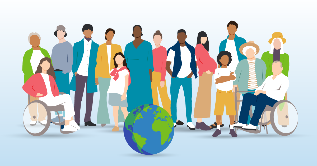 A diverse group of people in a line, facing forward and positioned behind a small globe in the bottom center. 