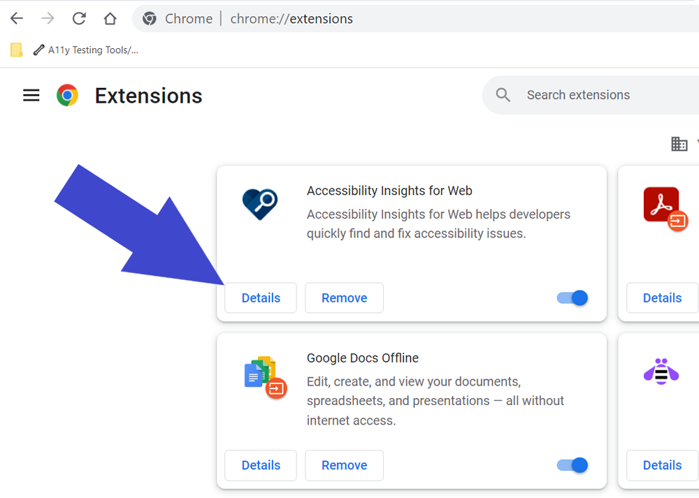 Chrome extensions page. Multiple extensions like Accessibility Insights and IBM Equal Access Checker. Each has a “details” button.