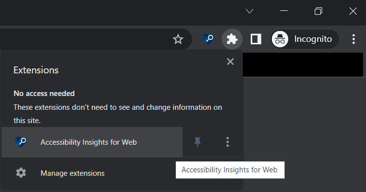 Screenshot of extension menu, expanded. Accessibility Insights for Web available with the option to pin.