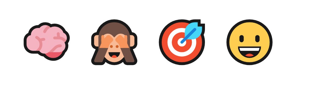 Emojis: brain, monkey with hands over eyes, dart in the bull's eye of a target, smiling face.