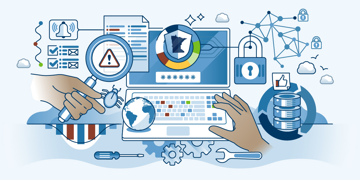 A computer surrounded by graphics indicating variety of Cybersecurity protection for Minnesotans