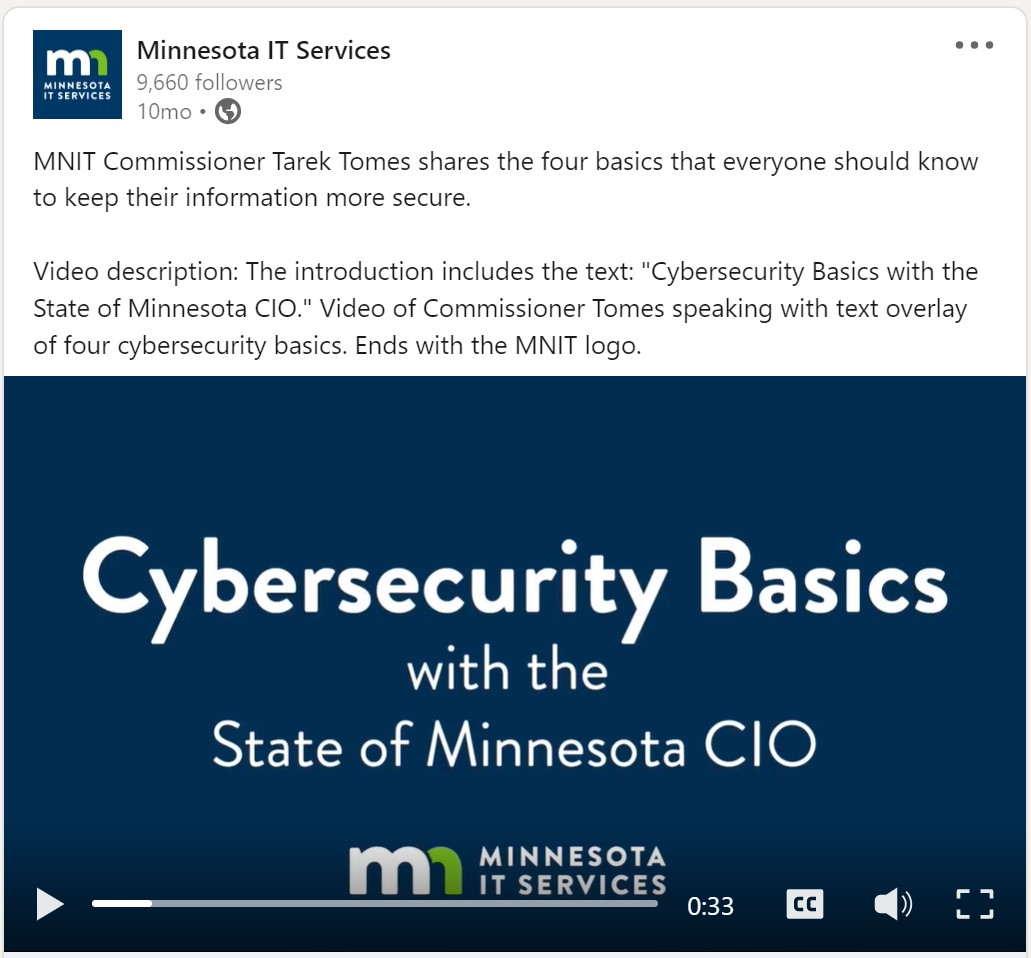 LinkedIn post by Minnesota IT Services. Video shows the title screen: Cybersecurity Basics with the State of Minnesota CIO. Post text includes this information.