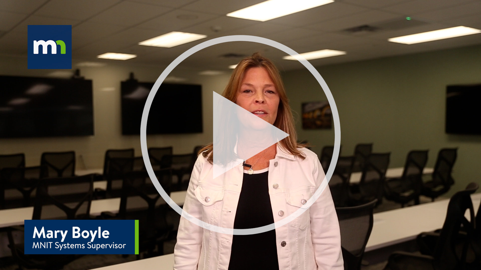 still image of Mary Boyle, MNIT Systems Supervisor with a play button indicating a thumbnail for a video